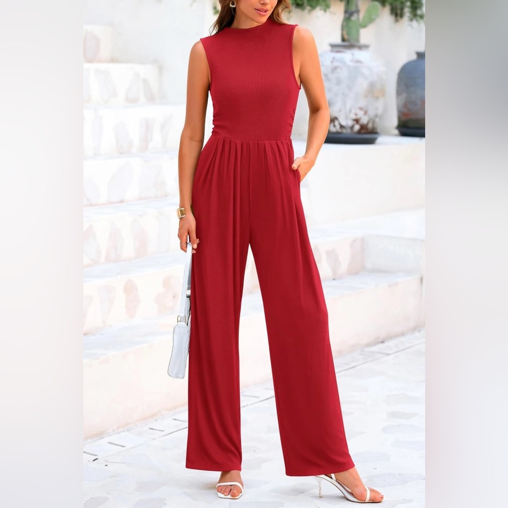 Red mock neck wide leg jumpsuit